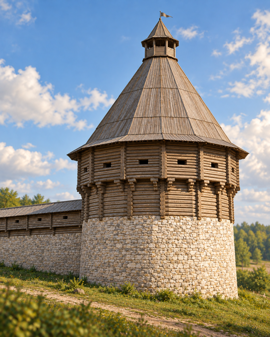 AI-концепт круглой каменно-деревянной Пречистенской башни